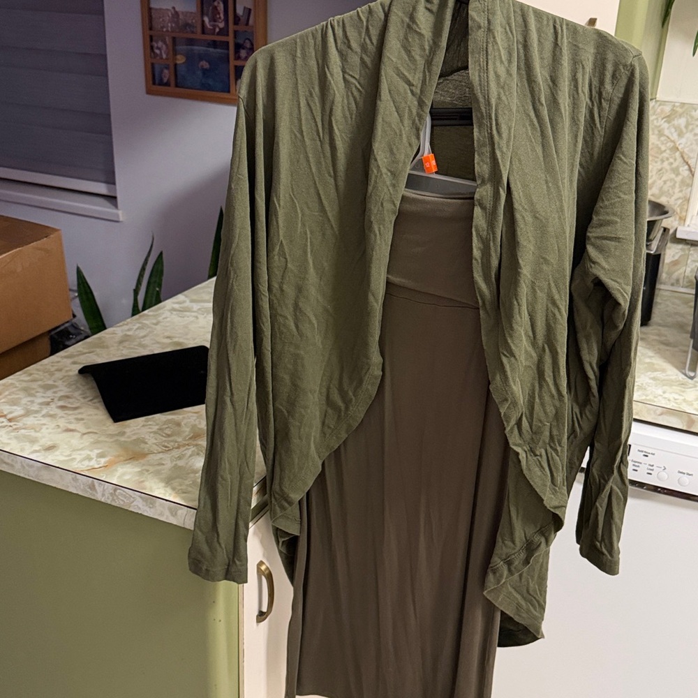 Joe Fresh Olive Maxi Skirt and matching open Cardigan